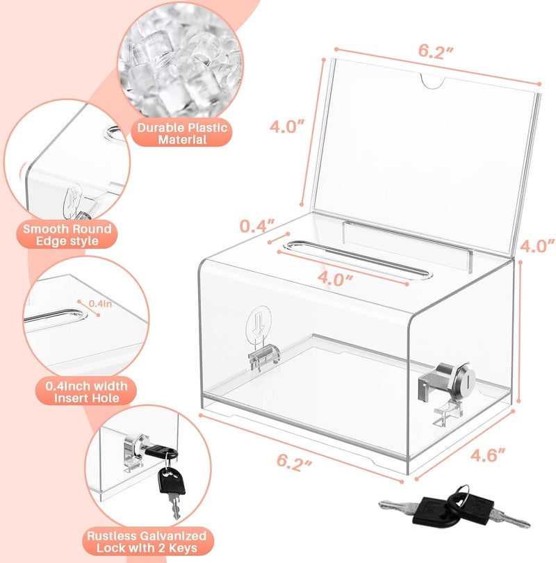 THUQ Clear Donation Box with Lock & Sign Holder, Versatile for Fundraising, Ballot Voting, Suggestions, and Tips Jar, Secure Storage Design, Size 6.2x4.6x4.0 Inch, Clear 2 Pack - Image 5